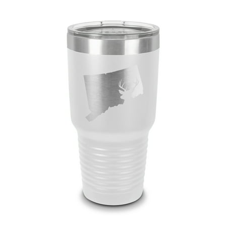 

Connecticut Deer State Tumbler 30 oz - Laser Engraved w/ Clear Lid - Stainless Steel - Vacuum Insulated - Double Walled - Travel Mug - buck hunt hunting rifle ct - White