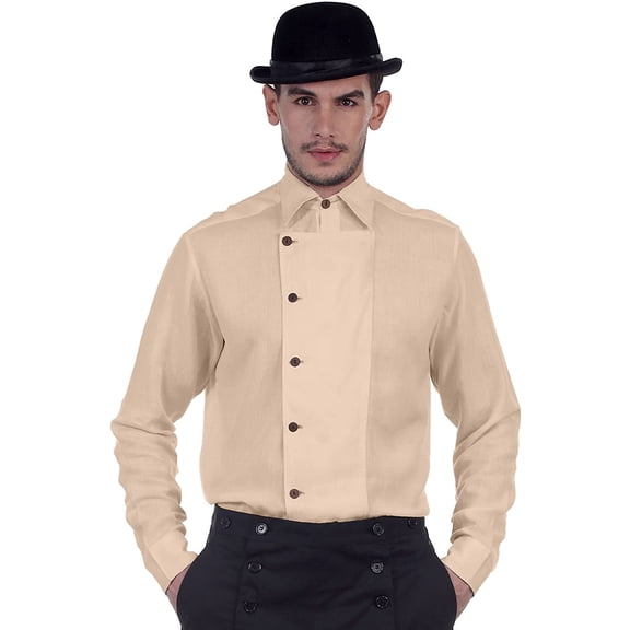 ThePirateDressing Steampunk Victorian Costume Ulysses Side-Button Linen Shirt [Almond] (Large)