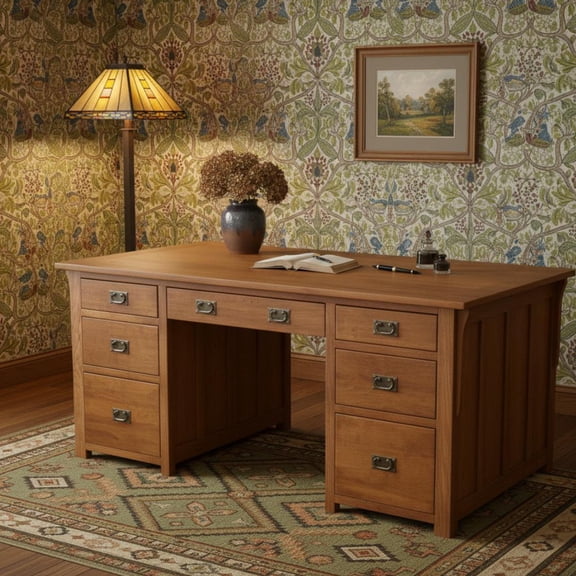 Crafters and Weavers Arts and Crafts Wood Library Desk w/ File Cabinet in Cherry