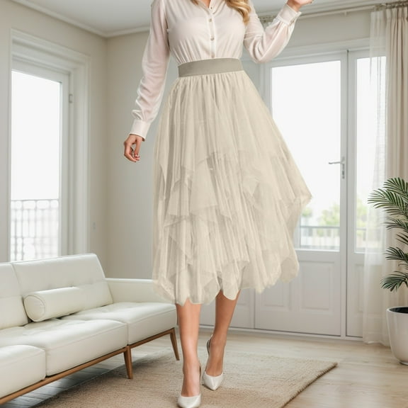 Women's Skirts Tulle Skirts High Waisted A Line Flowy Pleated Mesh Casual Versatile Slim Fit Midi Skirt Beige L