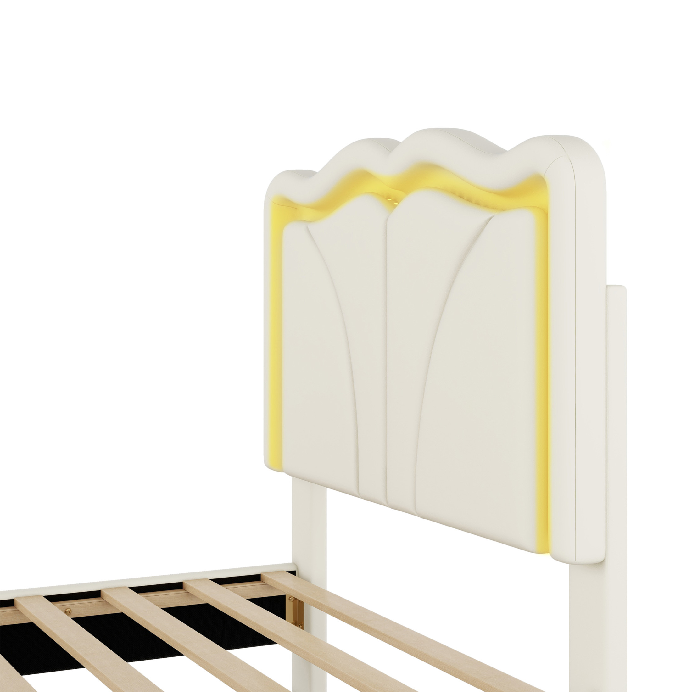 Noble House Sheila Twin Upholstered Platform Bed, Curve Shaped Height-Adjustable LED Headboard, PU Leather, White