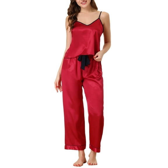INSPIRE CHIC Women's Satin Pajama Sets Cami Top with Palazzo Pants 2 Pcs Silky Sleepwear Nightwear M Red