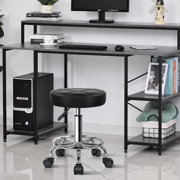 Round Rolling Stool Chair with PU Leather, Adjustable Height, Swivel Drafting Work Stool for Office, , and Salon Use (Black)