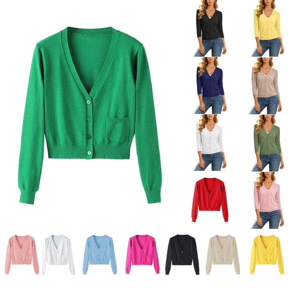 hoksml Women's Solid Color Short Button Cardigan Long Sleeve Crewneck Knit Sweater Coat Casual Cropped Open Front Cover-Up
