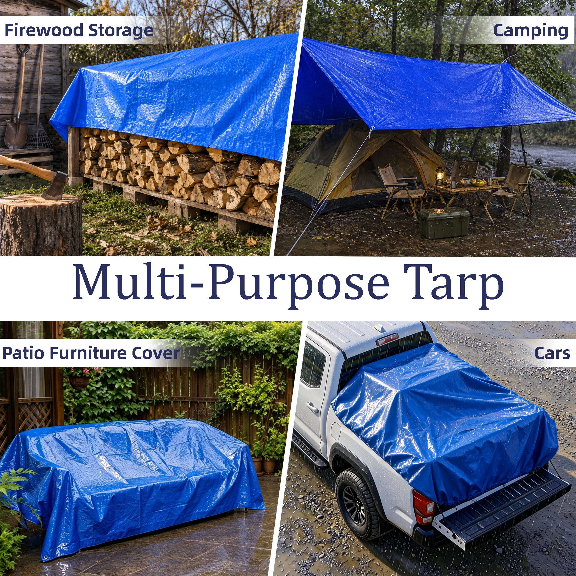 6.5x8.2 Ft Blue Poly Tarp, Multi-Purpose Waterproof Tear Resistant Cover With Reinforced Corners & Ropes