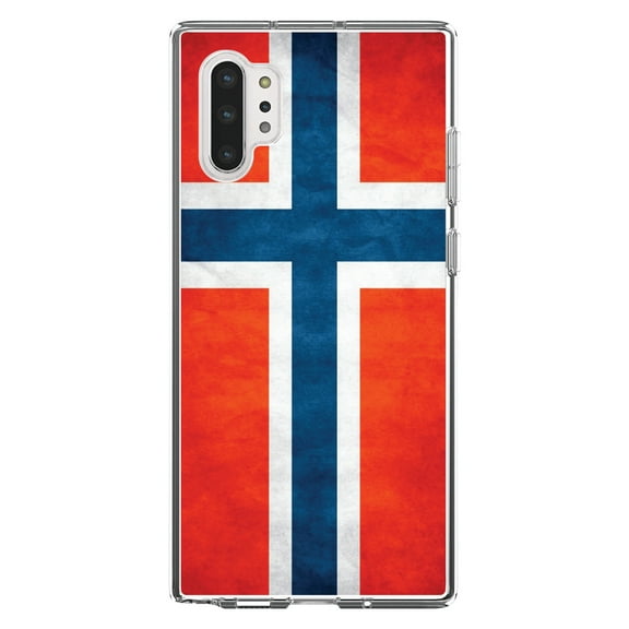 DistinctInk Clear Shockproof Hybrid Case for Galaxy Note 10 PLUS (6.8" Screen) - TPU Bumper, Acrylic Back, Tempered Glass Screen Protector - Norway Old Flag Red White Blue - Norway