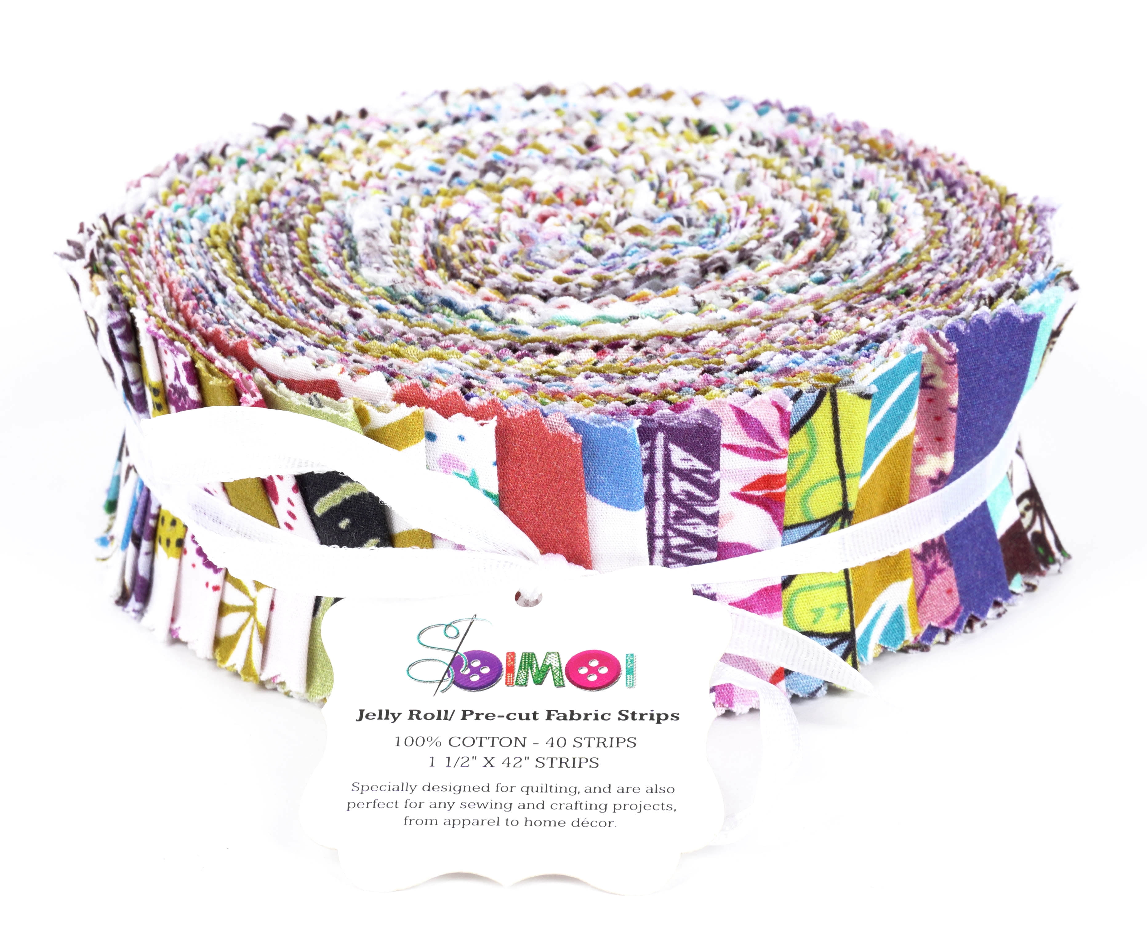 Soimoi 40Pcs Block Print Precut Fabrics Strips Roll Up 1.5x42inches Cotton Jelly Rolls For Quilting - Multicolor