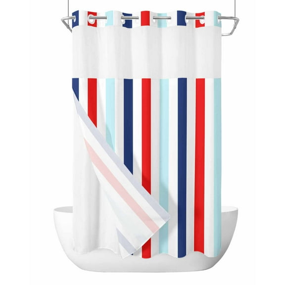 No Hook Cloth Fabric Shower Curtain with Snap in Liner, Red Blue Stripe Waterproof Shower Curtains Set with See Through Top Window, Gradient Geometric White Vertical Striped Bath Curtains 54"x78"