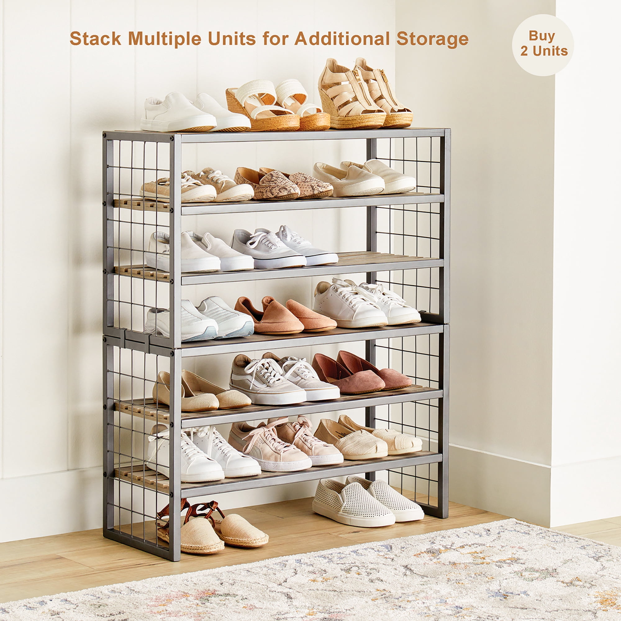 Better Homes & Gardens Farmhouse 3 Tier Shoe Rack, Gray, 30IN Wx 12 IN Dx 18IN H, Holds up to 12 Pairs