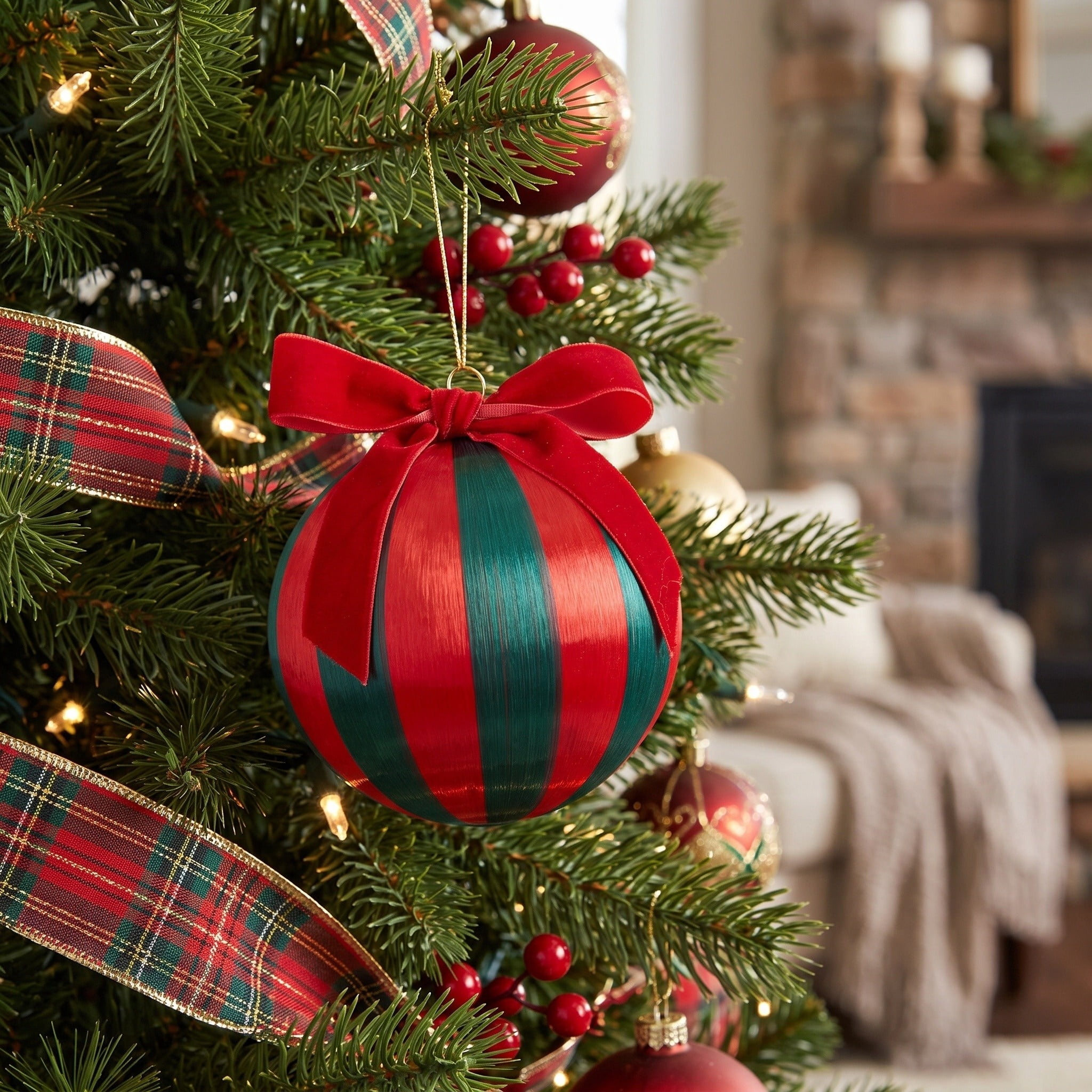 Red and Green Stripe Ball Christmas Ornament, 4", by Holiday Time