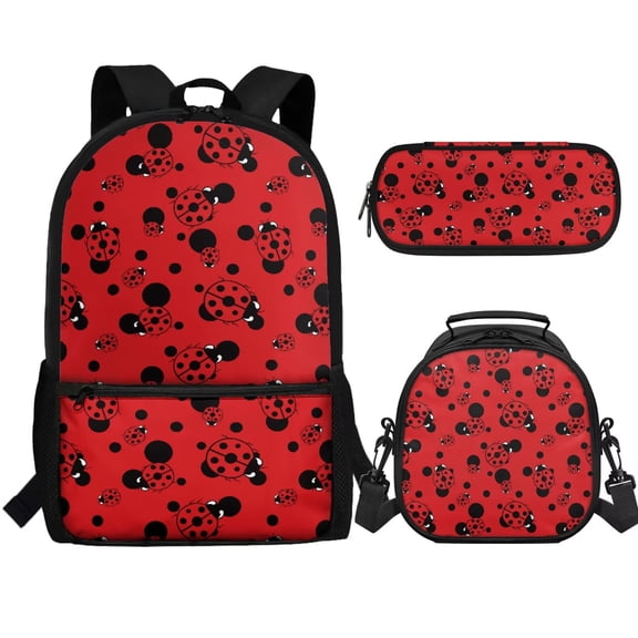 Jeiento Ladybug Backpack for Girls 6-8 8-10 10-12 Elementary School Kids Bookbag with Lunch Box and Pencil Case 3 In 1 School Bags Satchel Daycare Bag Red