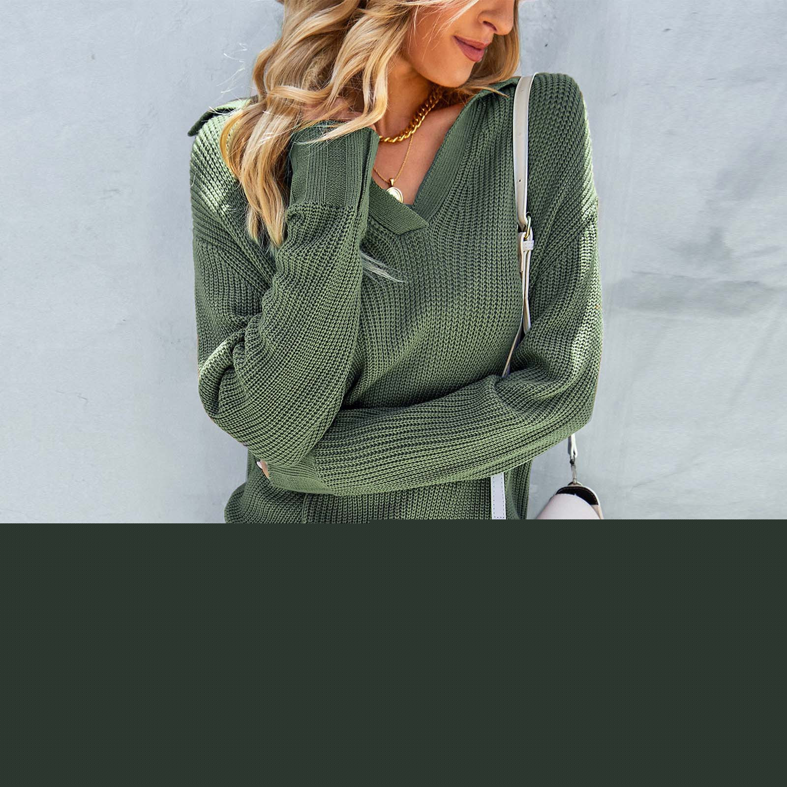 thumbnail image 4 of Lilgiuy Women's Solid Loose V-Neck Long Sleeve Pullover,Army Green,8(L) Winter Fashion 2022, 4 of 5