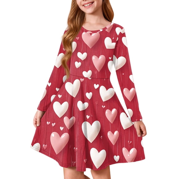 Abcomgle Valentines Dresses for Girls 5t-6t Funny Love Heart T Shirt Dresses for Girls Cute A-Line Long Sleeve Dress Outfits Crewneck Spring Twirly Dress Clothes for Girls,