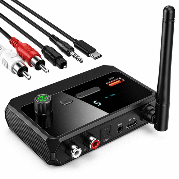 Bluetooth 5.3 Audio Receiver Adapter for Home Stereo, Speakers & TV – RCA, AUX 3.5mm, Optical, Low Latency, HD Music Streaming, Wireless Audio Receiver for Hi-Fi Systems