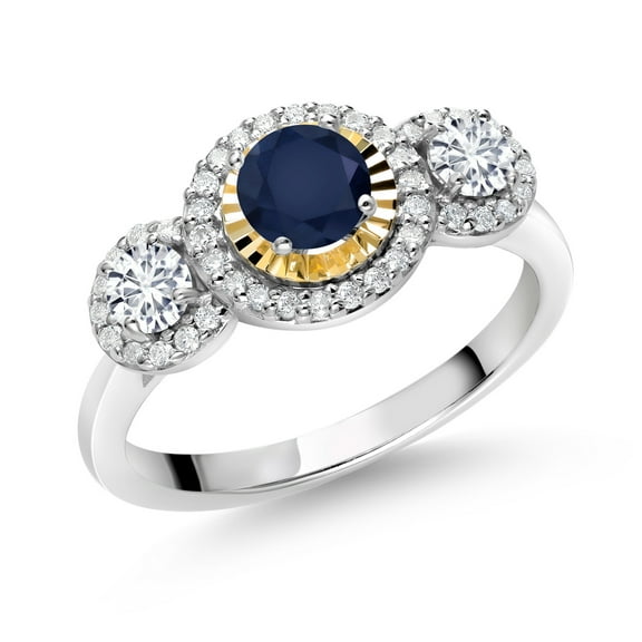 Gem Stone King 925 Silver and 10K Yellow Gold Blue Sapphire and White Lab Grown Diamond 3 Stone Women's Ring (0.76 Cttw, Gemstone Birthstone, Size 6)