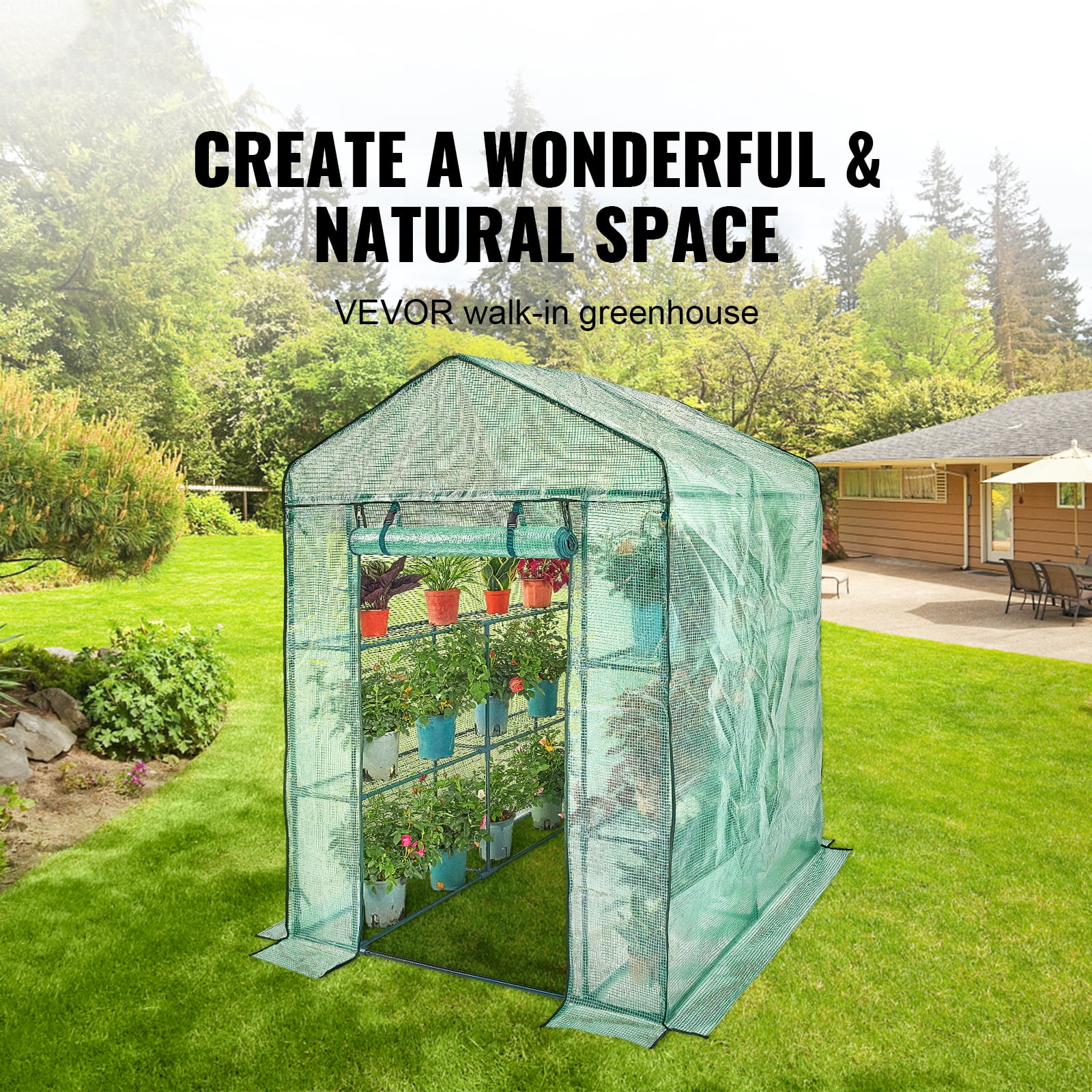 KFFKFF Portable Walk-in Greenhouse Green House with Shelves 4.6 x 4.6 x 6.6 ft