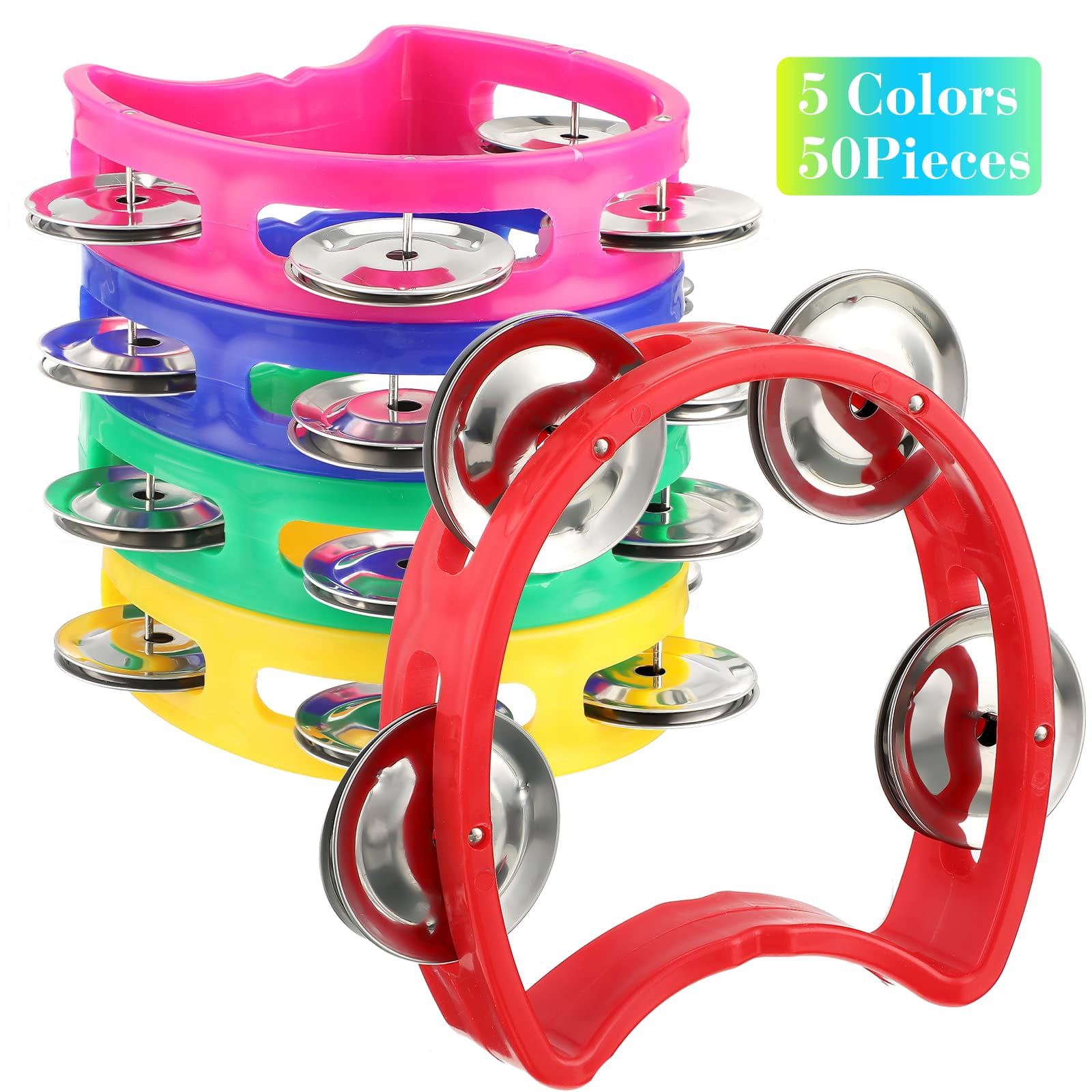 50 Pieces Tambourine Bulk For Kids Adults 4 Bells Colored Noise Makers Tambourines Musical Rhythm Instrument Set Church Worship Toddler Students Music End Of School Year Gifts