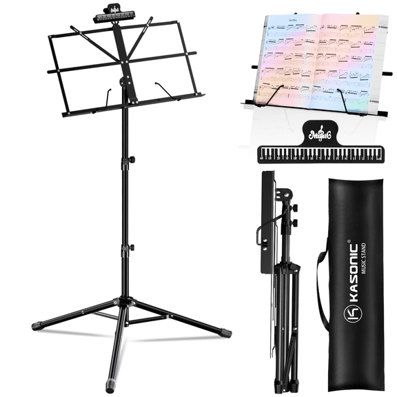 KASONIC Sheet Music Stand, Tabletop Music Book Stand with Clip Holder & Carrying Case for Guitar, Ukulele, Violin Players, Black