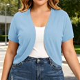 thumbnail image 4 of Women's Plus Size Cropped Cardigans Open Front V Neck Short Sleeve Knit Shrug Lightweight Dress Cover Up Light Blue, 4 of 9