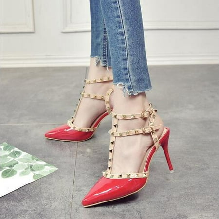 

Women s shoes rivets sandals female summer 6CM/8CM Thick with Fine with high-heeled shoes pointed stiletto sexy nightclub shoes