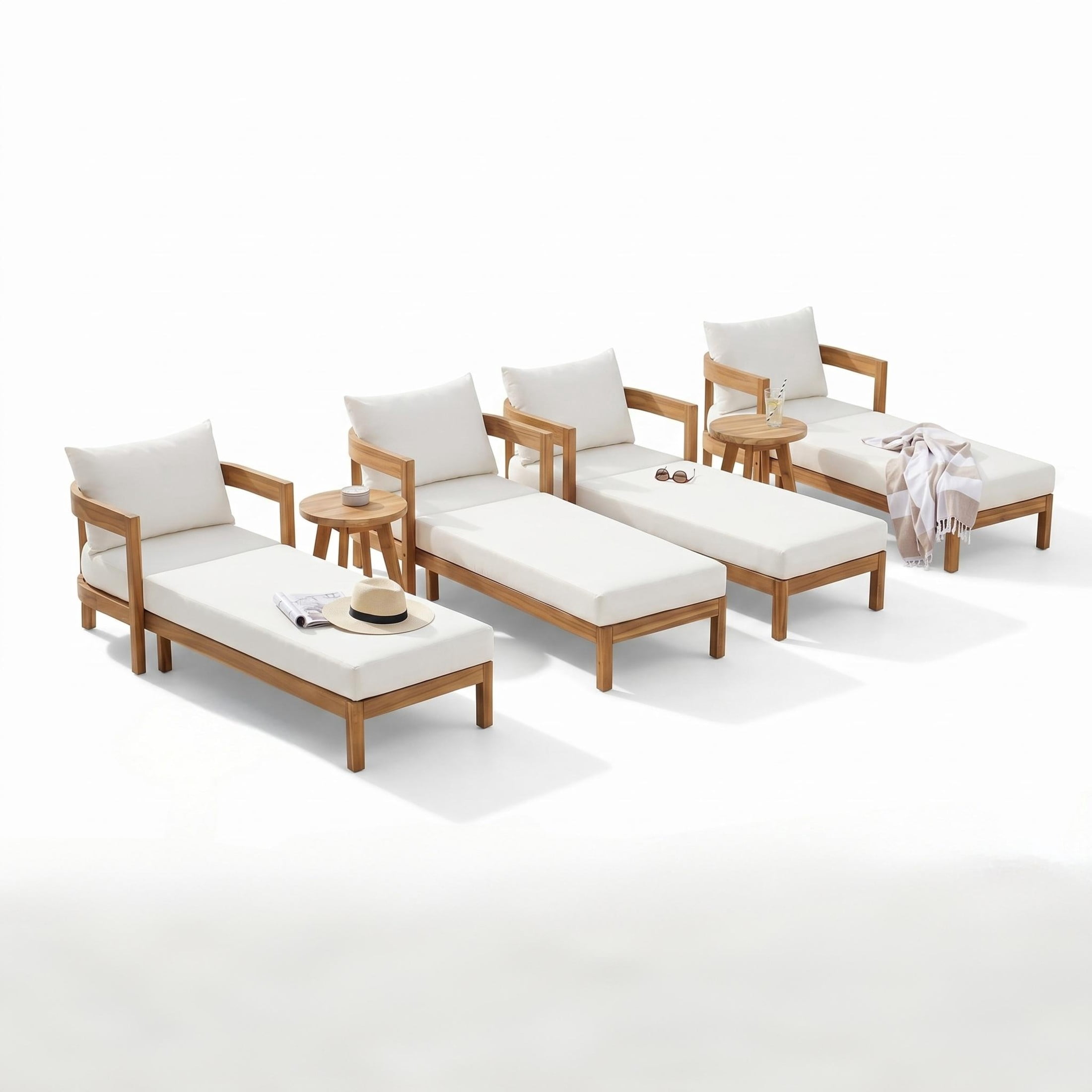 Christopher Knight Home 6-Piece Acacia Wood Outdoor Chaise Lounges Set with Side Tables, Teak+Cream