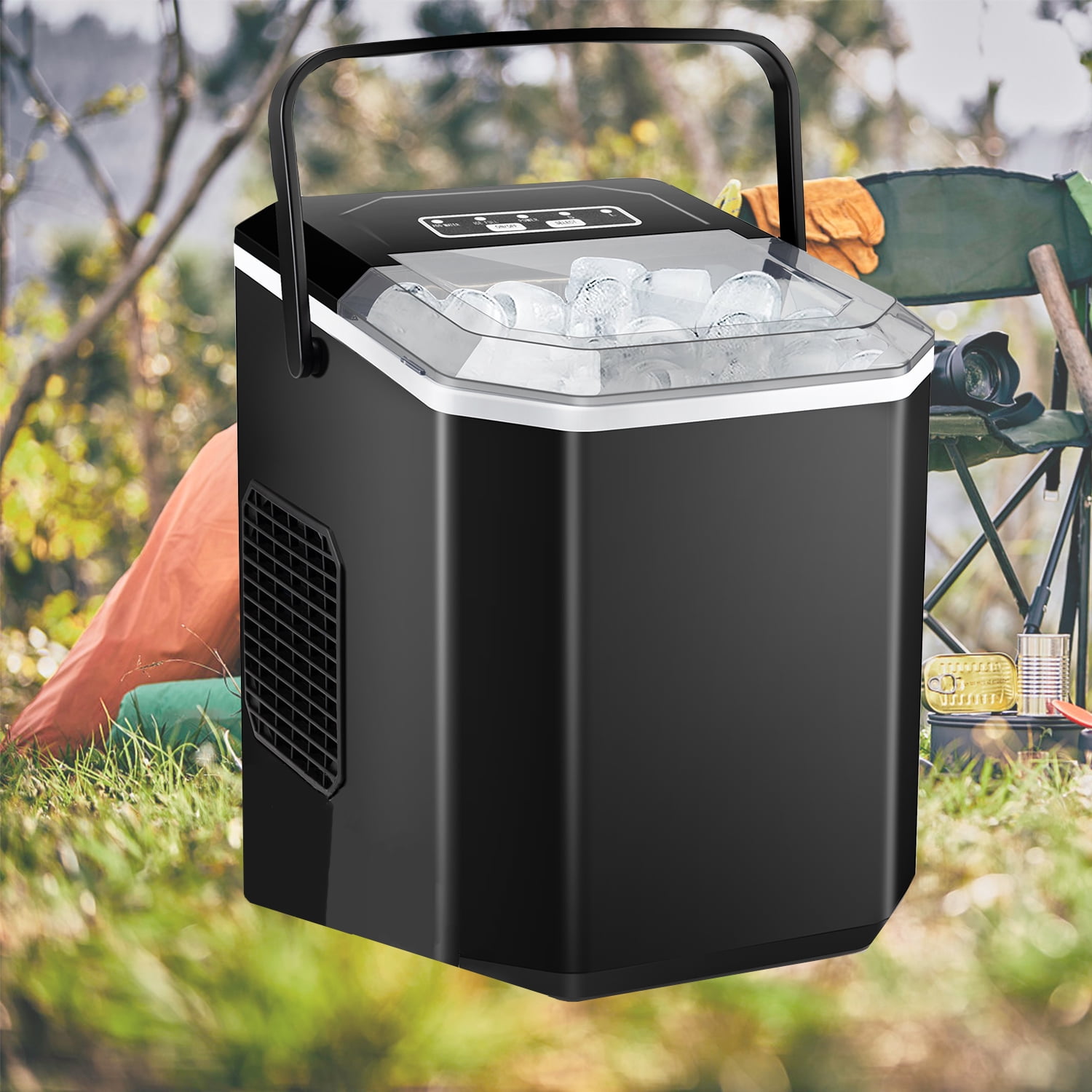 FOOING Ice Maker Machine with Handle, 26 lbs Countertop Ice Maker Self