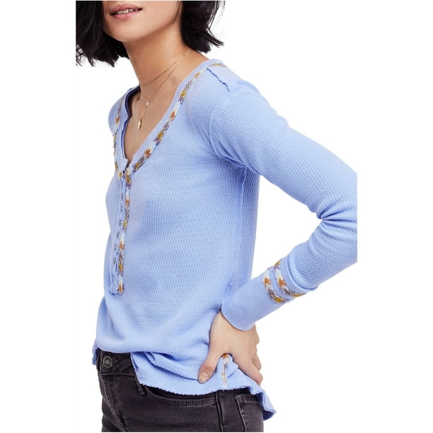 Free People Camiseta Henley térmica bordada para mujer, azul, XS Free People henley