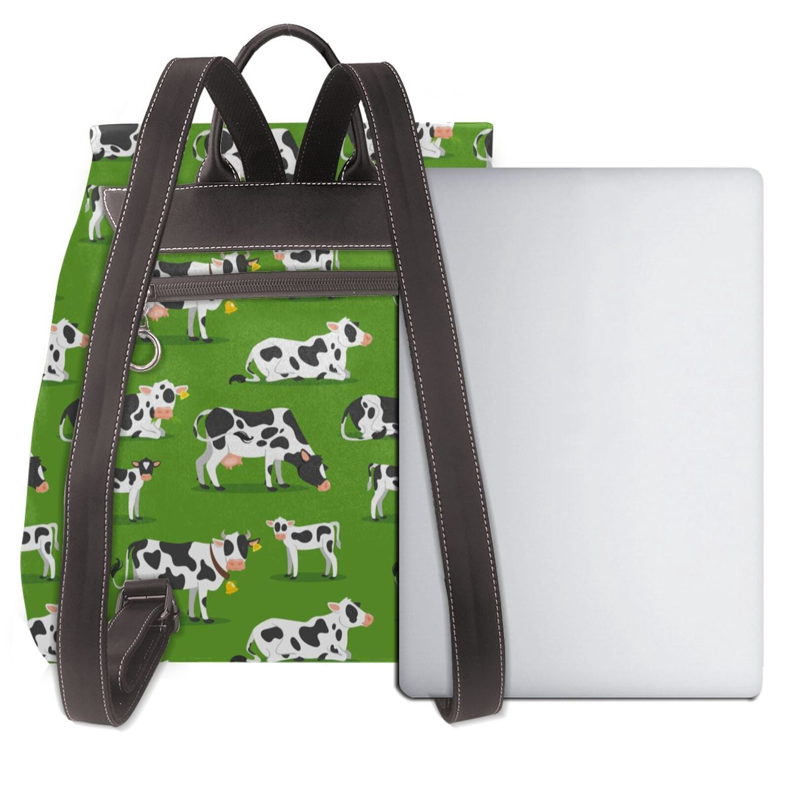 Xecao Cows With Calfs Green Print Large Backpack Soft Leather for Women Travel with Compartment, Adjustable Convertible Strap