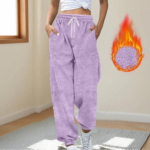 ZHYou Women High Waist Fleece Lined Sweatpants,Baggy Fit,Soft Warm Drawstring Casual Athletic Lounge Pants with Pockets,Purple,Size M