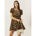 thumbnail image 1 of DressBerry Women's Printed Cotton Pleated Flared Mini Dress Short Puffed Sleeves High Rise Front V Neck Frilled Bottom Western Style Short, 1 of 8