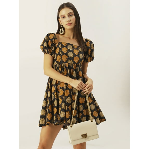 DressBerry Women's Printed Cotton Pleated Flared Mini Dress Short Puffed Sleeves High Rise Front V Neck Frilled Bottom Western Style Short