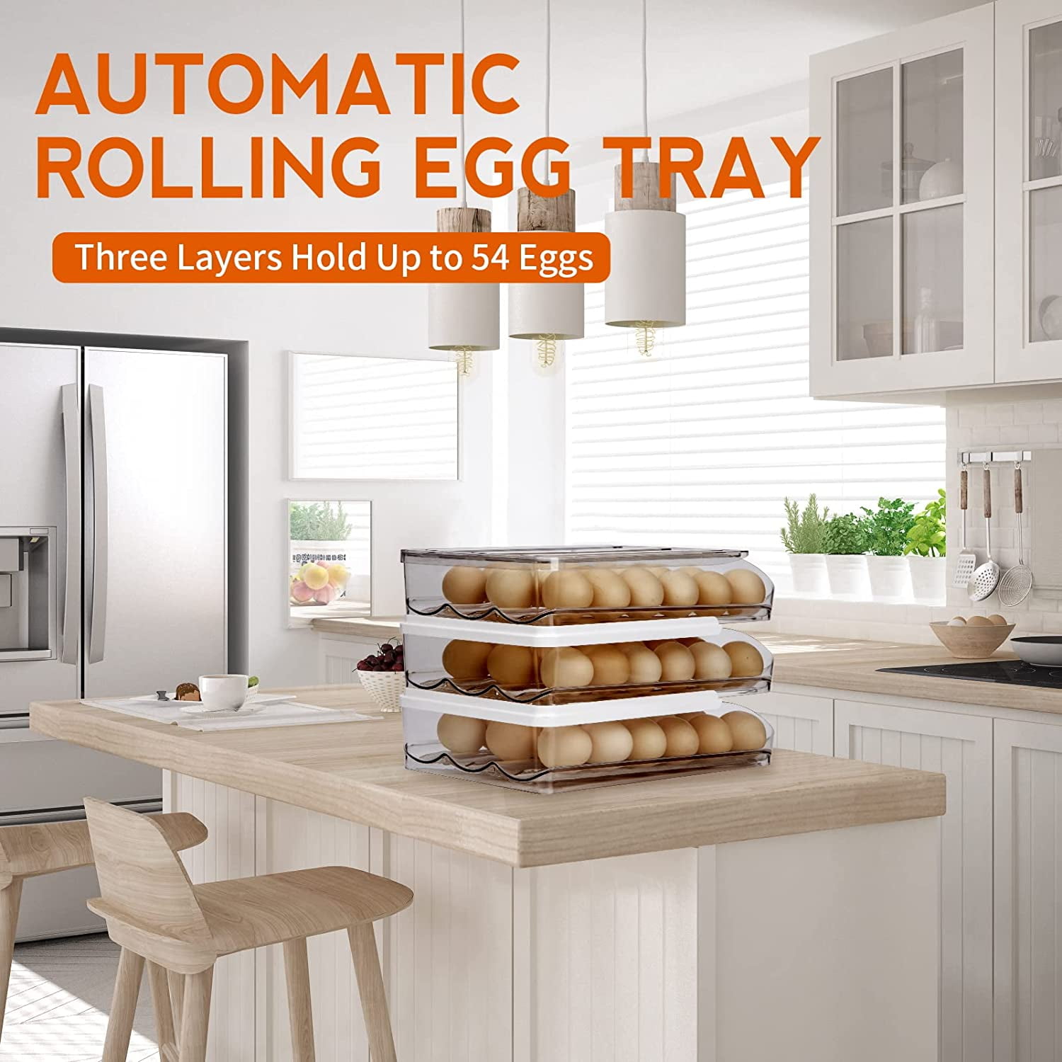 Large Capacity Egg Holder for Refrigerator, Automatic Rolling Egg Fresh Storage Box, Clear Egg Storage Container Organizer Bin & Egg Tray