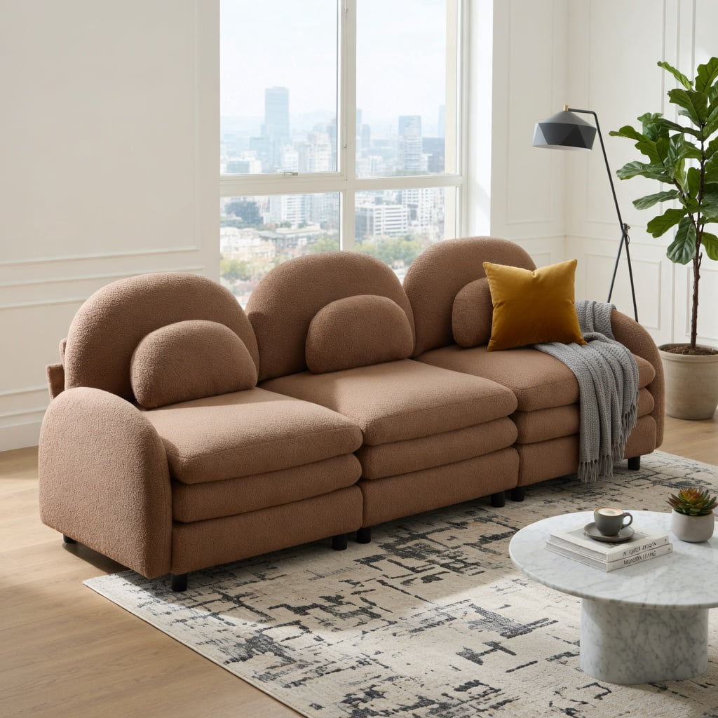 Hommoo Teddy Fleece Modular 3-Seat Sofa, Cloud-Soft Curved Backrest, Double-Layer Cushioning & Lumbar Support, Living Room Couch, Camel