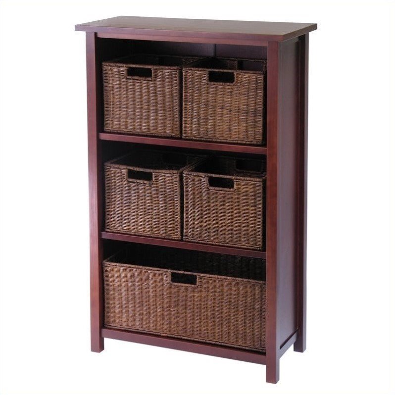 Winsome Wood Milan 6Pc Storage Set, 3Section Bookcase & 5 Wicker