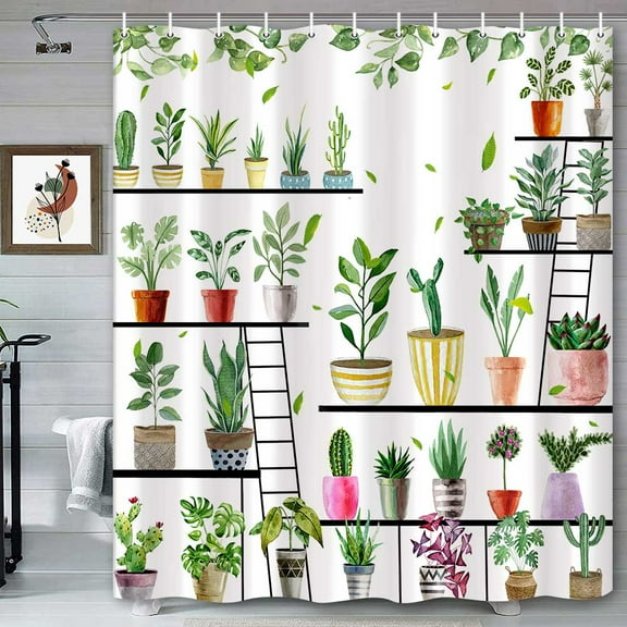 Cute Plant Shower Curtain, Succulent Potted Watercolor Cactus Green Botanical Monstera Leaves Spring Flower Bathroom Curtains, Waterproof Polyester Fabric Bath Curtain, 72 x 72