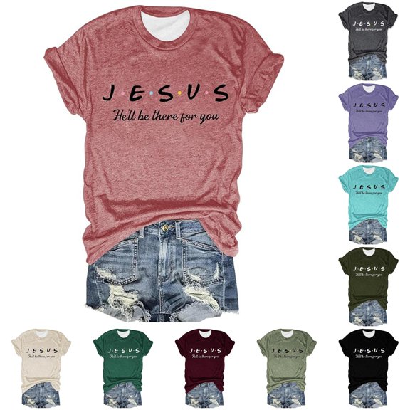 Trendfront Womens Jesus Letter Print Tee Graphic T-Shirts Casual Crewneck Short Sleeve Tops Summer Fashion Slogan Stylish Daily Clothing