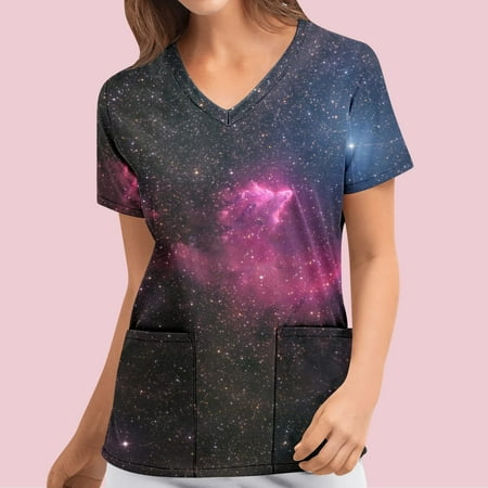 

cllios Women’s Fashion Short Sleeve Printing Working Uniform Summer V Neck Pocket Scrub Tops for Ladies Casual Comfy Tee