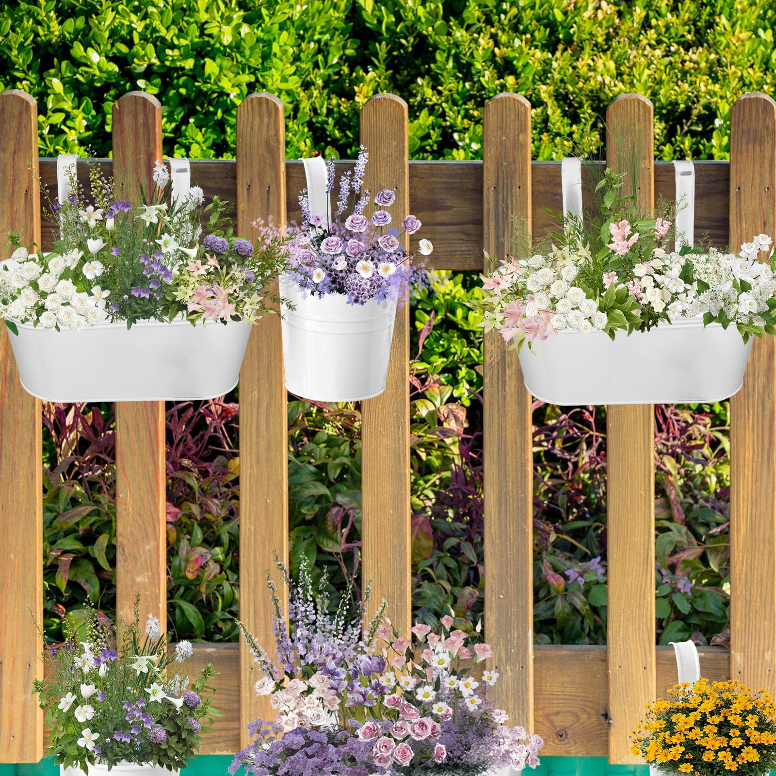 SPOKKI 8Pcs Metal Iron Hanging Flower Pots for Railing,with Detachable Hooks and Drain Holes Oval Hanging Pots Fence Planters for Railing Garden Fence (4pcs 10.6inch+4pcs 4inch)