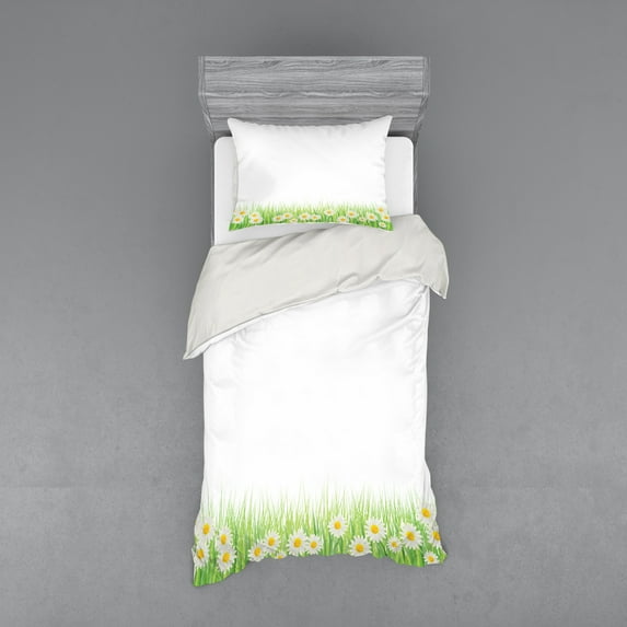 Ambesonne Floral Bedding Set 3 Pcs, Daisies in the Grass, Twin, Green White Yellow
