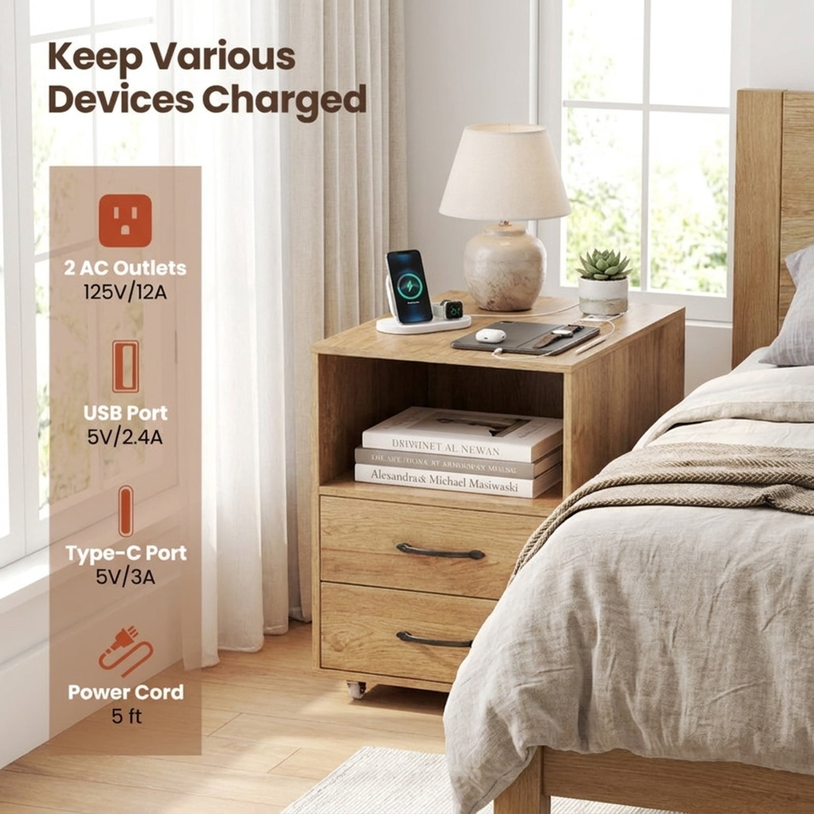Furnibear Mobile Bedside Table with Charging Station 2 Drawers and Open Shelves End Table on Wheels for Bedroom Sofa Side, Natural