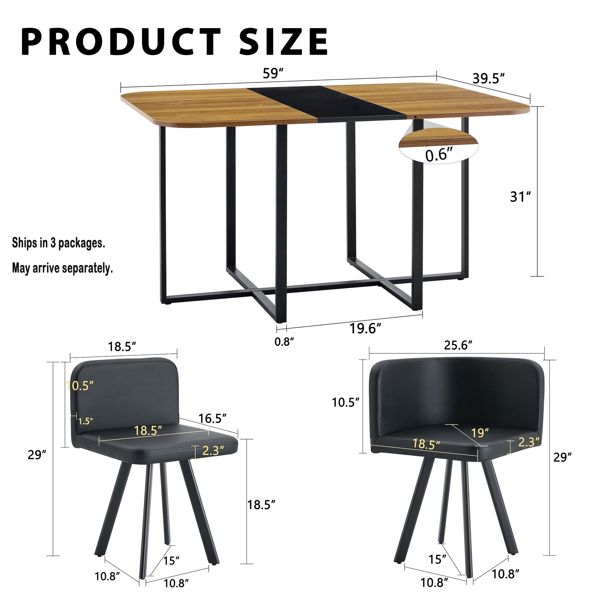 Aukfa 7 Piece Dining Set with 6 PU Leather Chairs,Rectangular 59" Two-Tone Wood Grain Kitchen Table,Metal Frame,Black