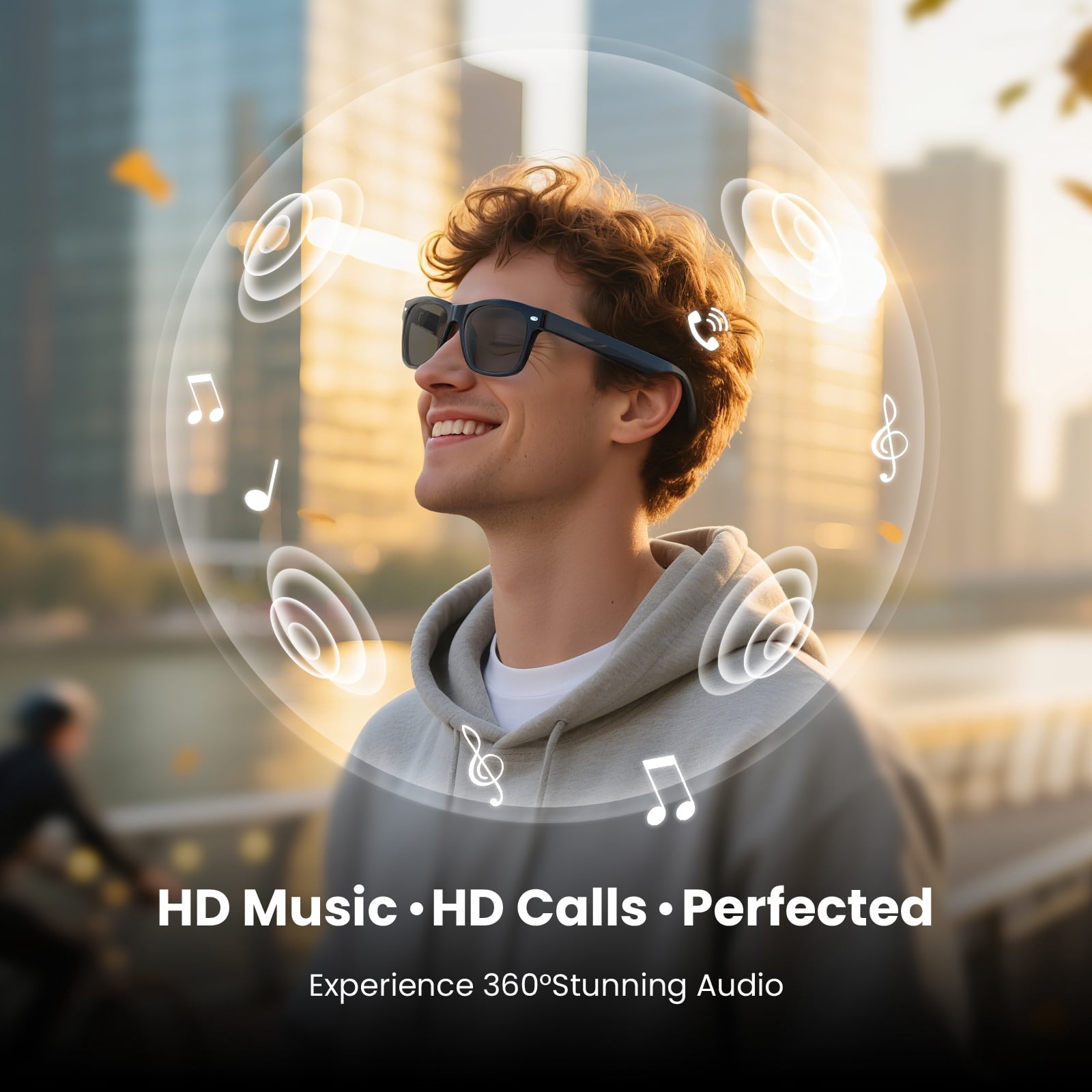 WeariQ Bluetooth Smart Glasses – Shiny Black Audio Sunglasses – Black Polarized Lenses, Open-Ear Speaker, 10-Hour Playtime, Hands-Free Calls, Voice AssistantHands-Free Calls & Music