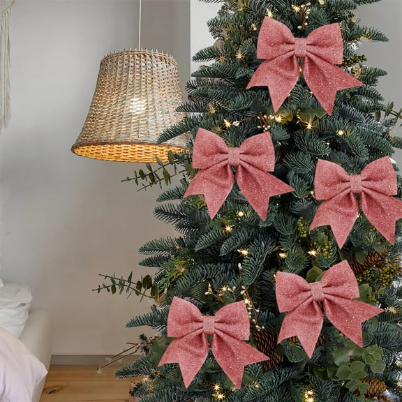 Christmas Pink Bows Ornaments Christmas Tree Decoration Pearl Wreath Ribbon Bows Crafts Gift Bows Hanging Ornament Xmas Ornaments for Tree Home Birthday Party Front Door Wedding Holiday Decor