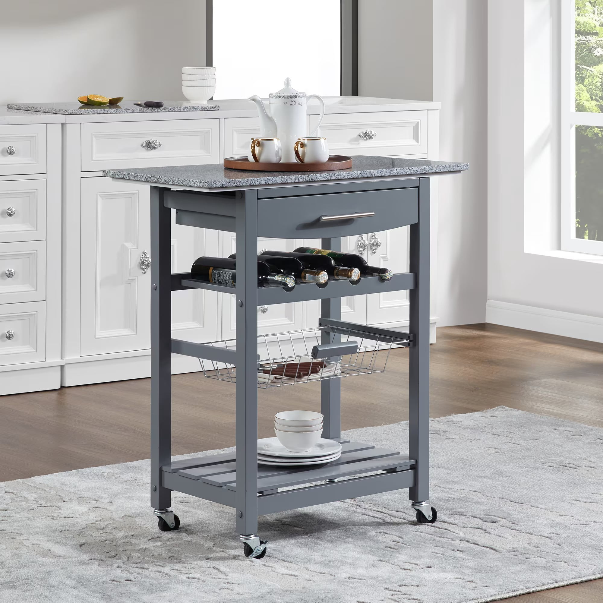 Mobile Rolling Kitchen Island Cart with Marble Top, Kitchen Trolley with Drawer & Slide-Out Wire Basket, Lockable Wheels, Portable Serving Cart for Kitchen, Dining Room, Grey