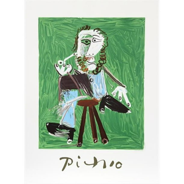 Pablo Picasso 14488 Homme A la Pipe Assise sur un Tabouret- Lithographie sur Papier 29 Po x 22 Po - Vert- Noir- Brun