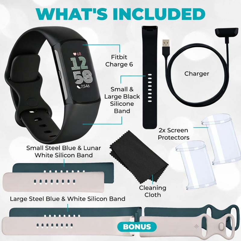 Fitbit Charge 6 Fitness Tracker – Black/Obsidian – Heart Rate, GPS, Sleep & Stress Tracking + Fast Charger, & Cleaning Cloth (Black)