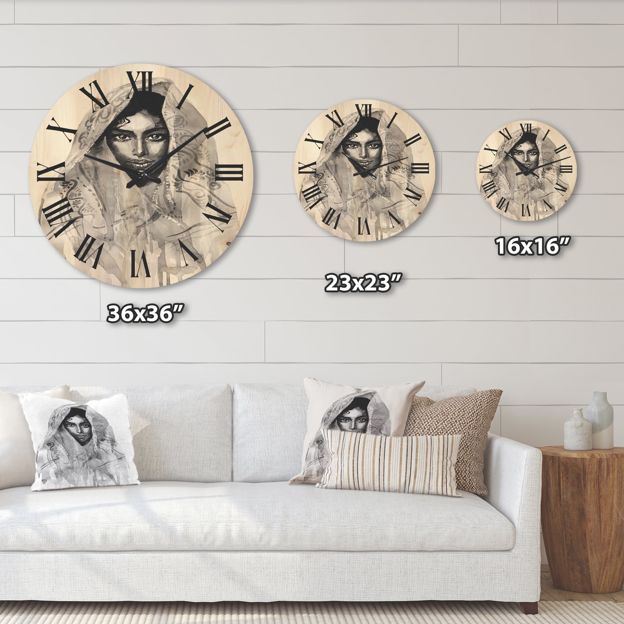 Designart 'Black and White Portrait of Young Indian Woman I' Modern Wood Wall Clock