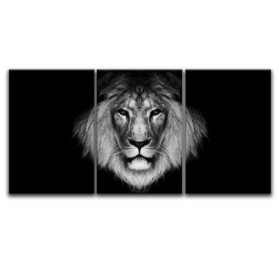 wall26 - 3 Panel Canvas Wall Art - A Lion Head on Black Background - Giclee Print Gallery Wrap Modern Home Art Ready to Hang - 24"x36" x 3 Panels