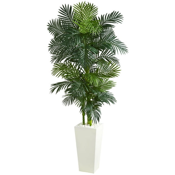 Nearly Natural 7.5ft. Golden Cane Palm Artificial Tree in White Tower Planter