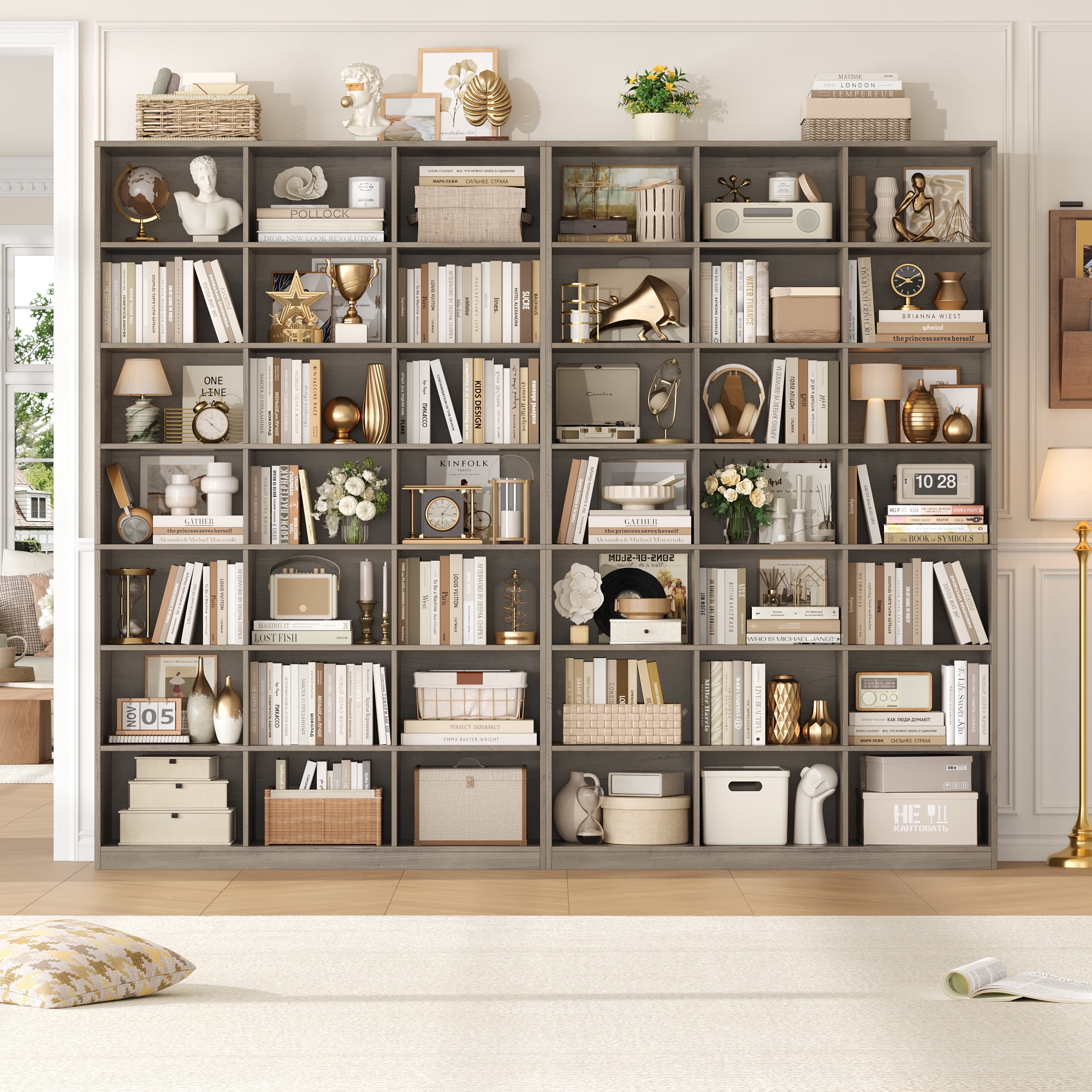 Hiphuta 21-Cube Bookcase, 86"H Tall Wooden Bookshelves for Bedroom, Living Room and Office, Freestanding Display Shelves Cube Organizer, Ash Gray